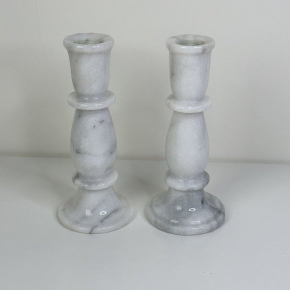 Unbranded Other - Pair of Alabaster White Gray Marble Candlesticks Candle Holder 6.5”